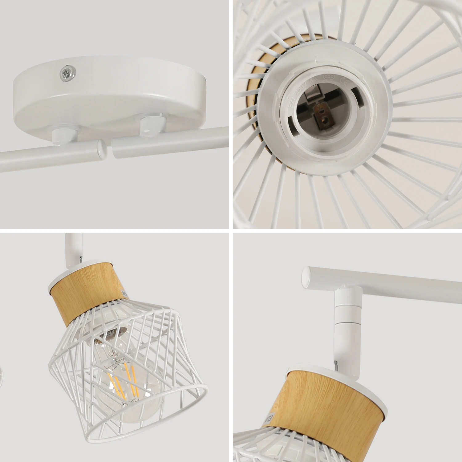 Industrial 4 Way White Ceiling Spotlights E27 Base Adjustable Angle Indoor Spot Light for Kitchen Living Room (NO Bulbs)