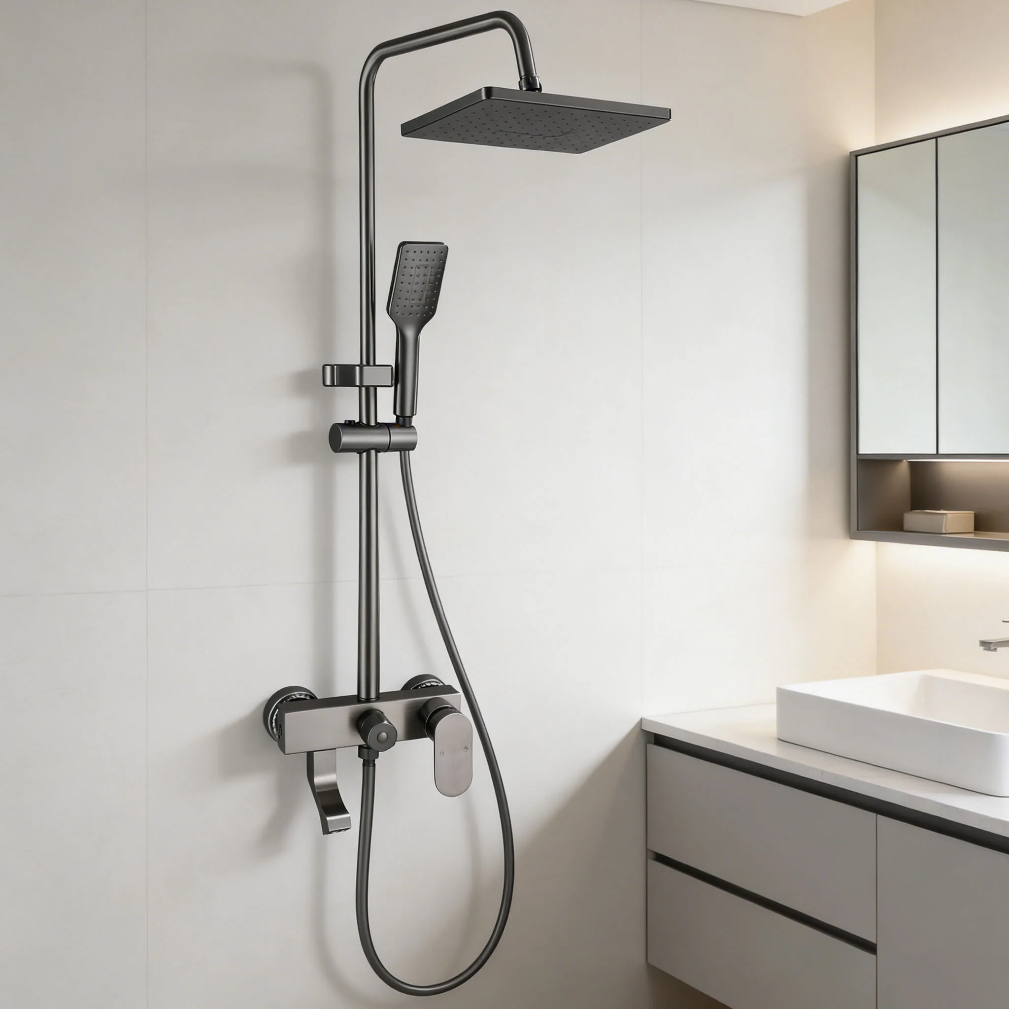 Shower Column, Stainless Steel Square Shower Set, ith Hand Shower Head and Rain Head, Adjustable Height Shower Bar