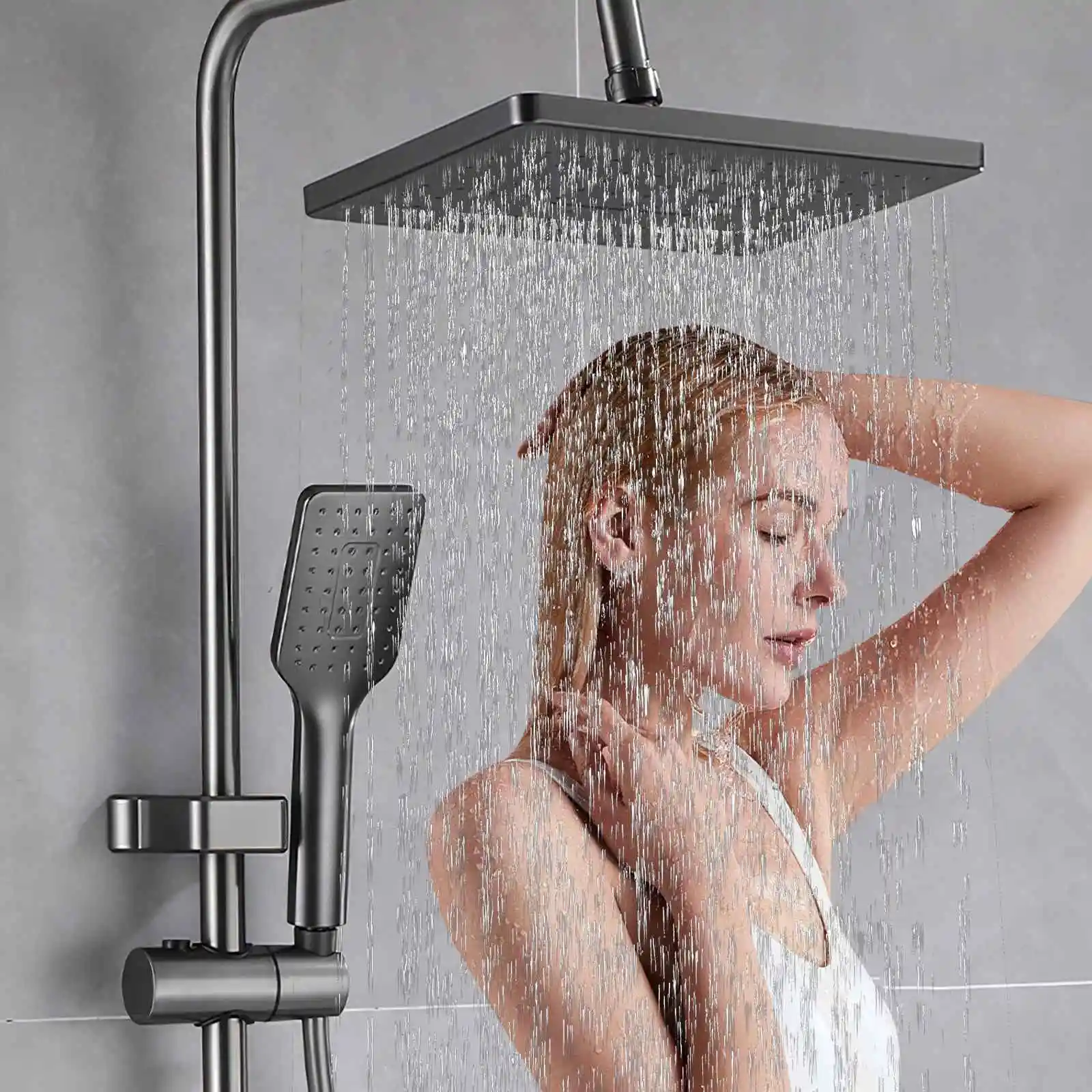 Shower Column, Stainless Steel Square Shower Set, ith Hand Shower Head and Rain Head, Adjustable Height Shower Bar
