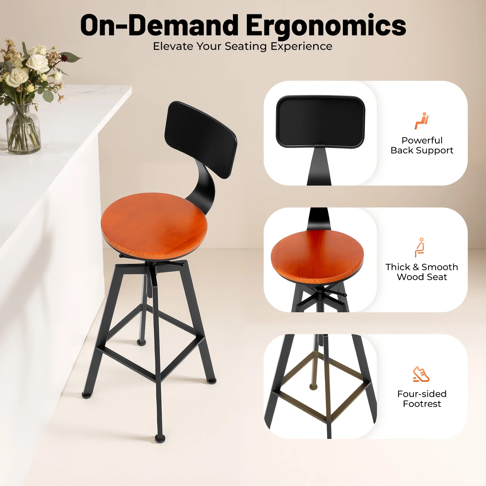 2PCS Kitchen Island Bar Stools Adjustable Height 92-112cm Home Bar Chair Solid Wood with Swivel Backrest Stool 100kg Capacity Ir