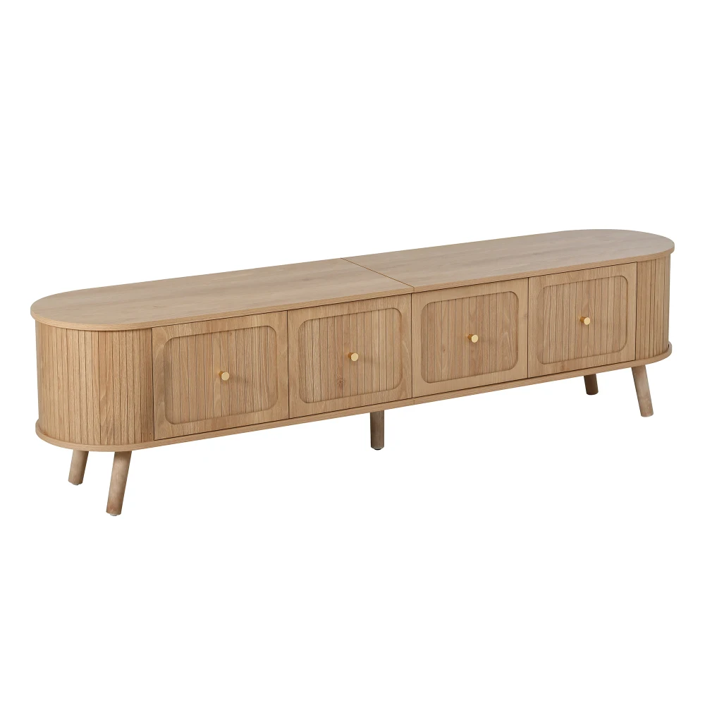 Walnut Wood TV Stand with 4 Cabinet Doors Golden Handles Wooden Legs and TV Panel Unique Design