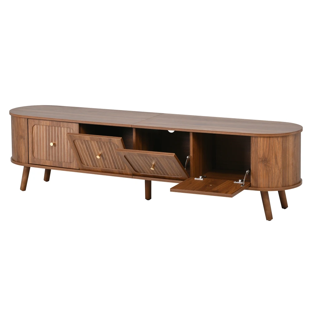 Walnut Wood TV Stand with 4 Cabinet Doors Golden Handles Wooden Legs and TV Panel Unique Design