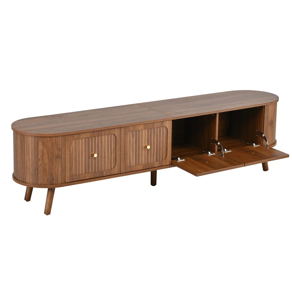 Walnut Wood TV Stand with 4 Cabinet Doors Golden Handles Wooden Legs and TV Panel Unique Design