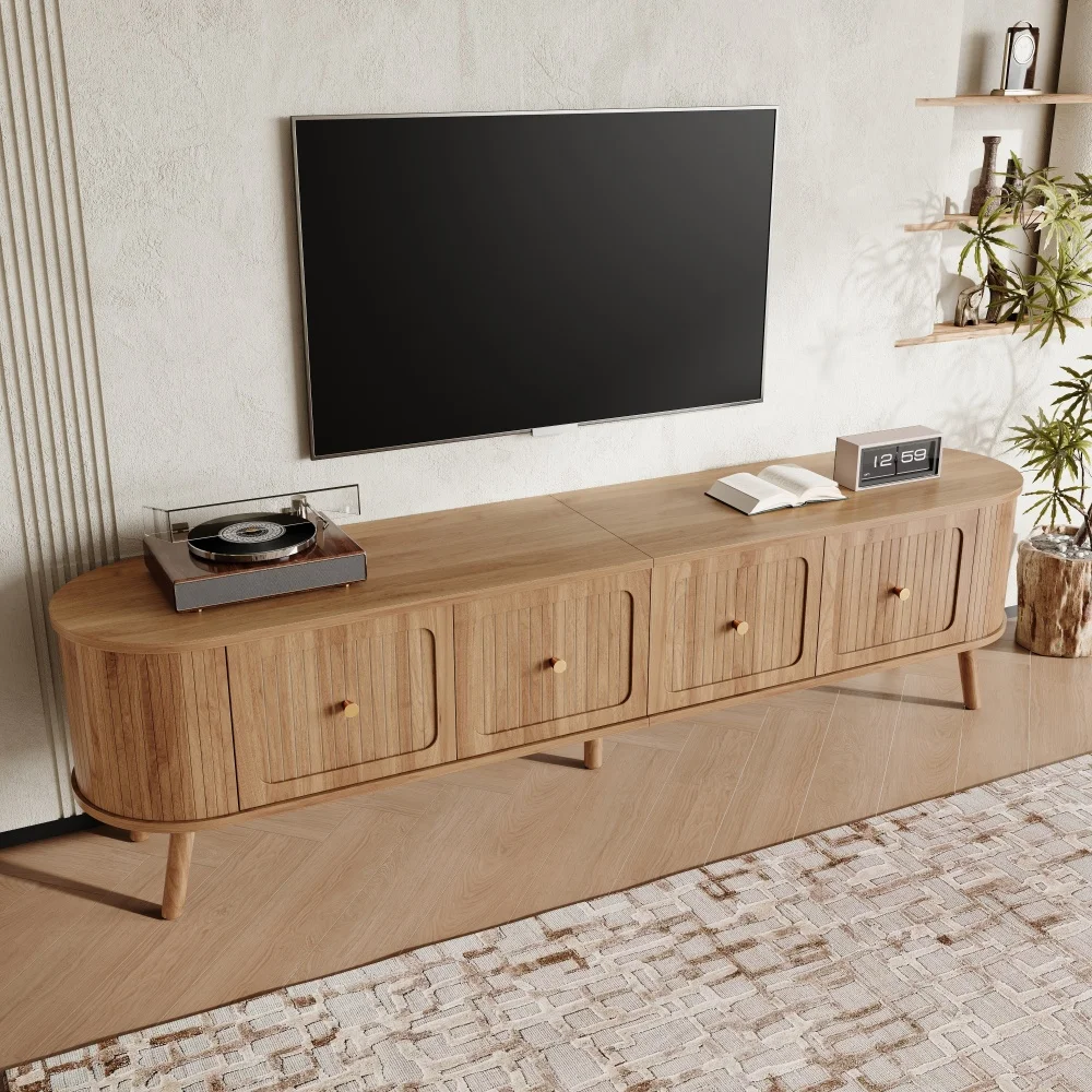 Walnut Wood TV Stand with 4 Cabinet Doors Golden Handles Wooden Legs and TV Panel Unique Design