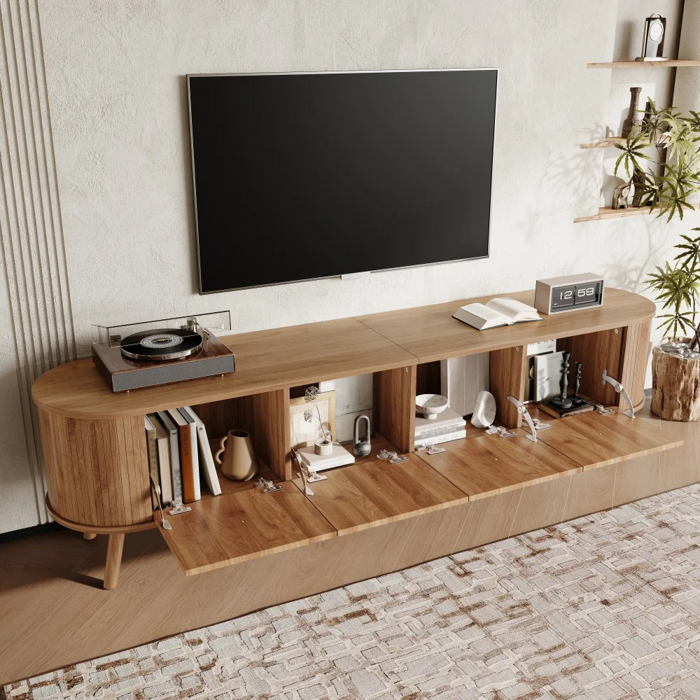 Walnut Wood TV Stand with 4 Cabinet Doors Golden Handles Wooden Legs and TV Panel Unique Design