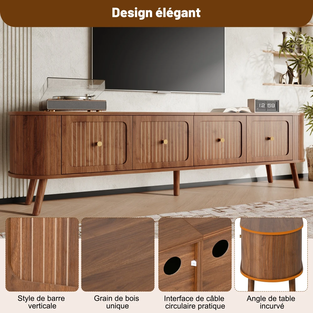 Walnut Wood TV Stand with 4 Cabinet Doors Golden Handles Wooden Legs and TV Panel Unique Design