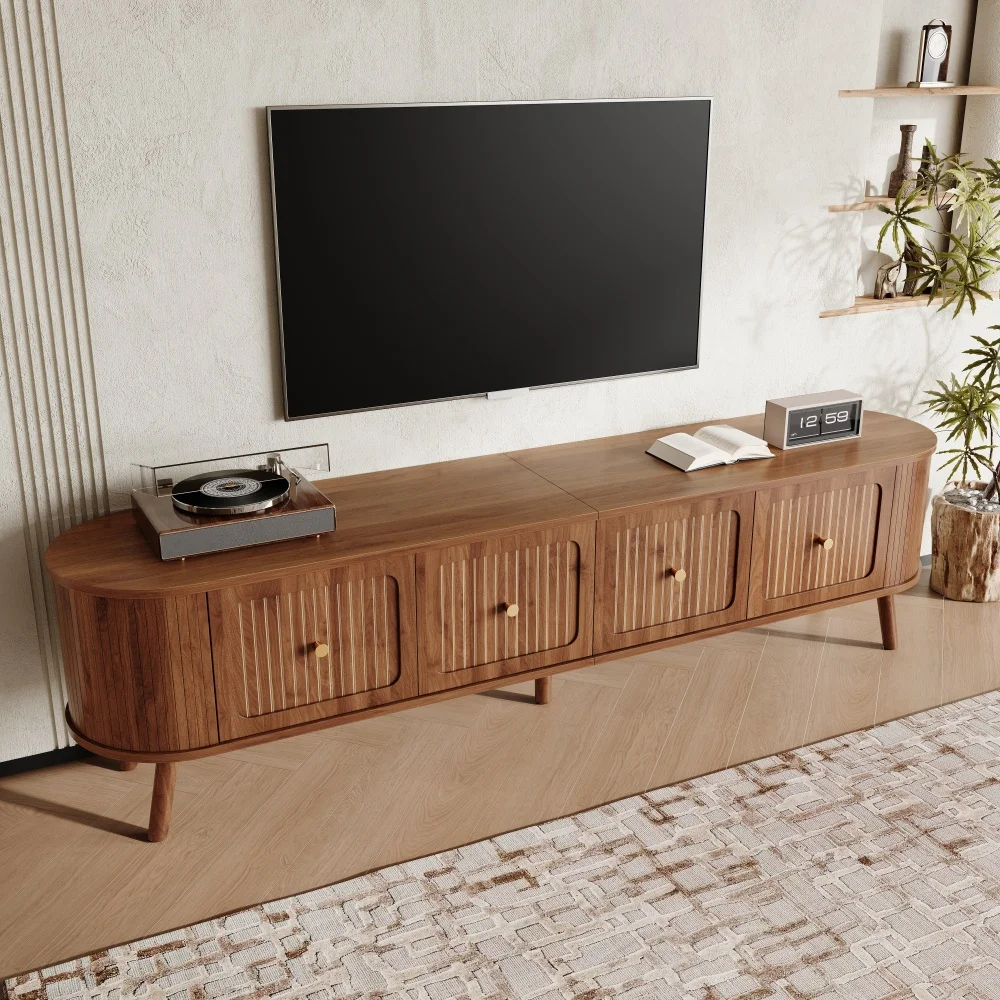 Walnut Wood TV Stand with 4 Cabinet Doors Golden Handles Wooden Legs and TV Panel Unique Design