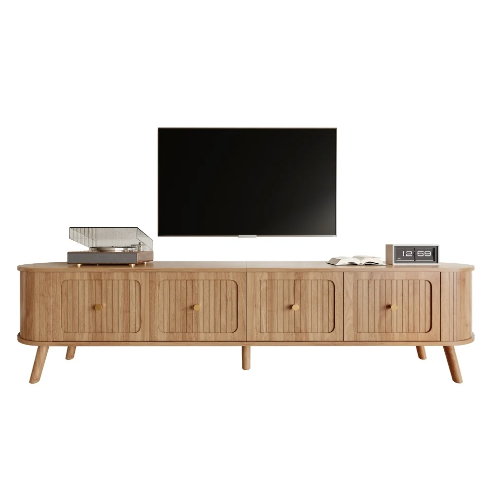 Walnut Wood TV Stand with 4 Cabinet Doors Golden Handles Wooden Legs and TV Panel Unique Design