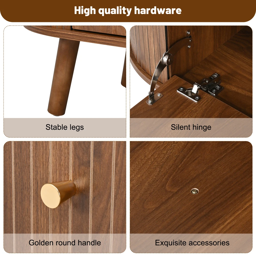 Walnut Wood TV Stand with 4 Cabinet Doors Golden Handles Wooden Legs and TV Panel Unique Design