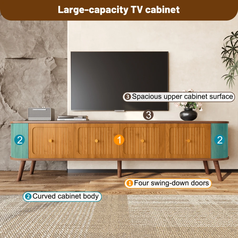 Walnut Wood TV Stand with 4 Cabinet Doors Golden Handles Wooden Legs and TV Panel Unique Design
