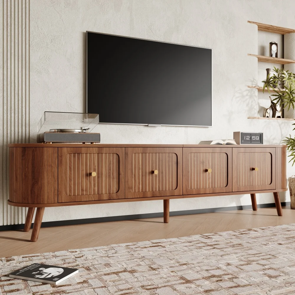 Walnut Wood TV Stand with 4 Cabinet Doors Golden Handles Wooden Legs and TV Panel Unique Design