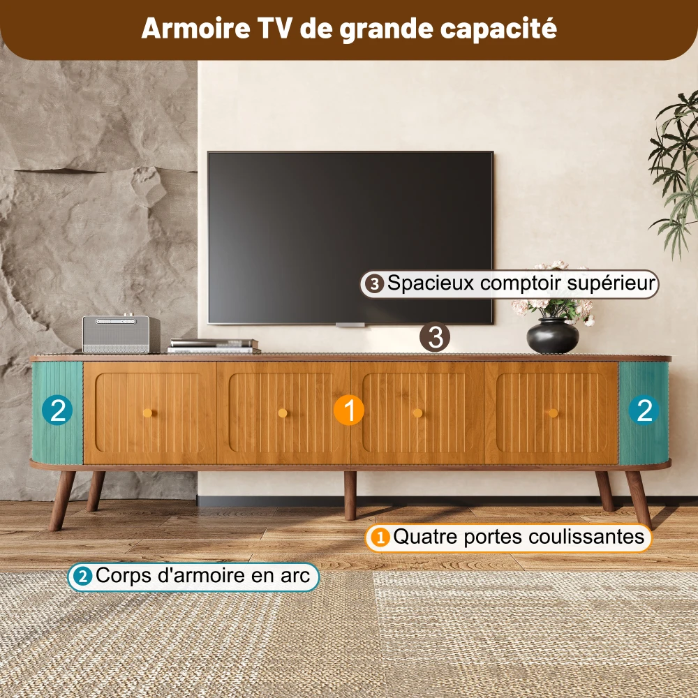 Walnut Wood TV Stand with 4 Cabinet Doors Golden Handles Wooden Legs and TV Panel Unique Design