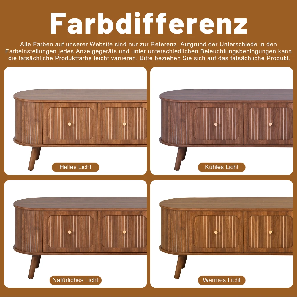 Walnut Wood TV Stand with 4 Cabinet Doors Golden Handles Wooden Legs and TV Panel Unique Design
