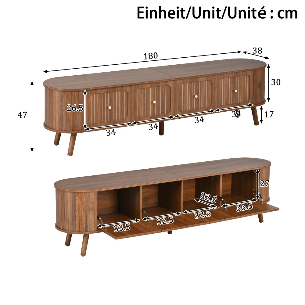 Walnut Wood TV Stand with 4 Cabinet Doors Golden Handles Wooden Legs and TV Panel Unique Design