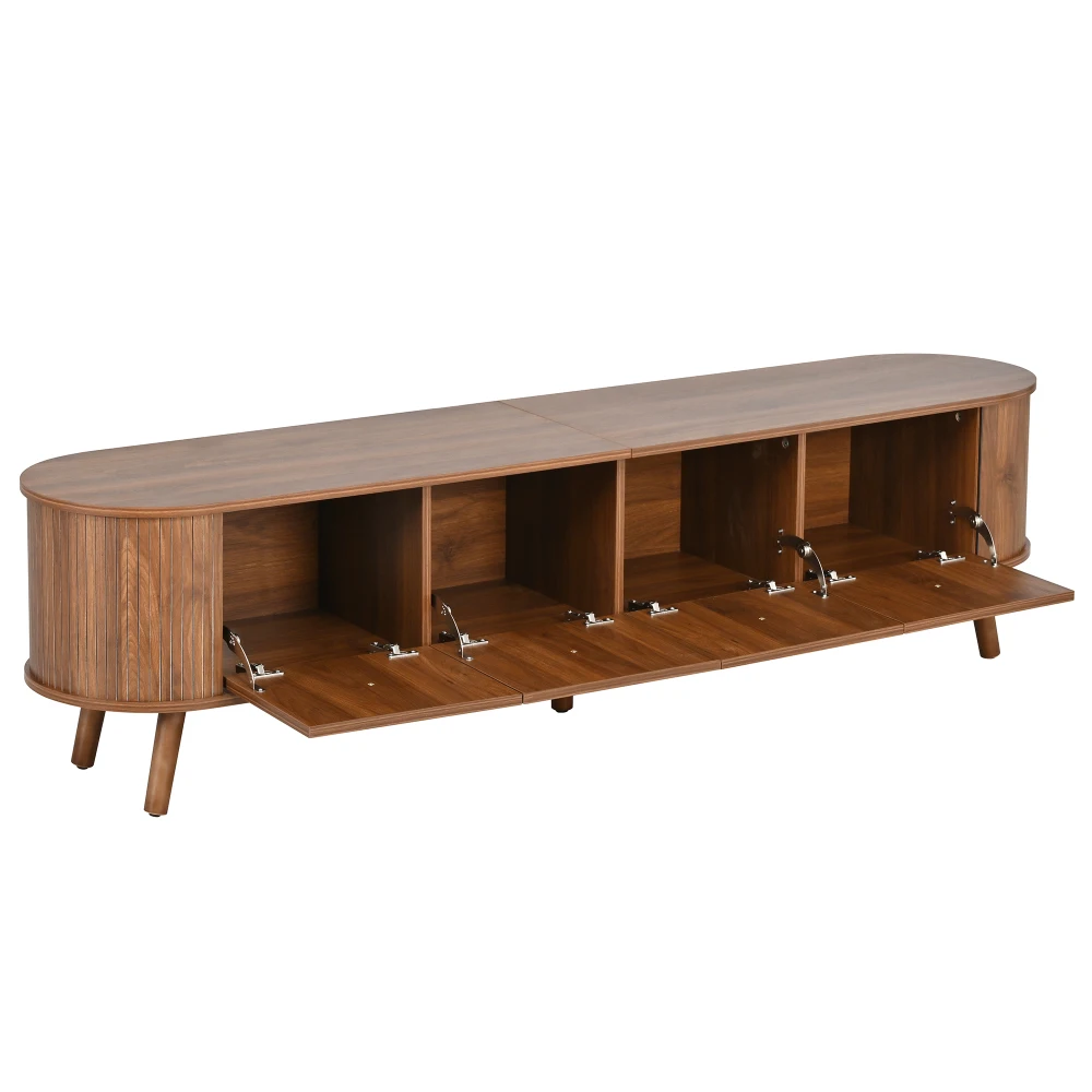 Walnut Wood TV Stand with 4 Cabinet Doors Golden Handles Wooden Legs and TV Panel Unique Design