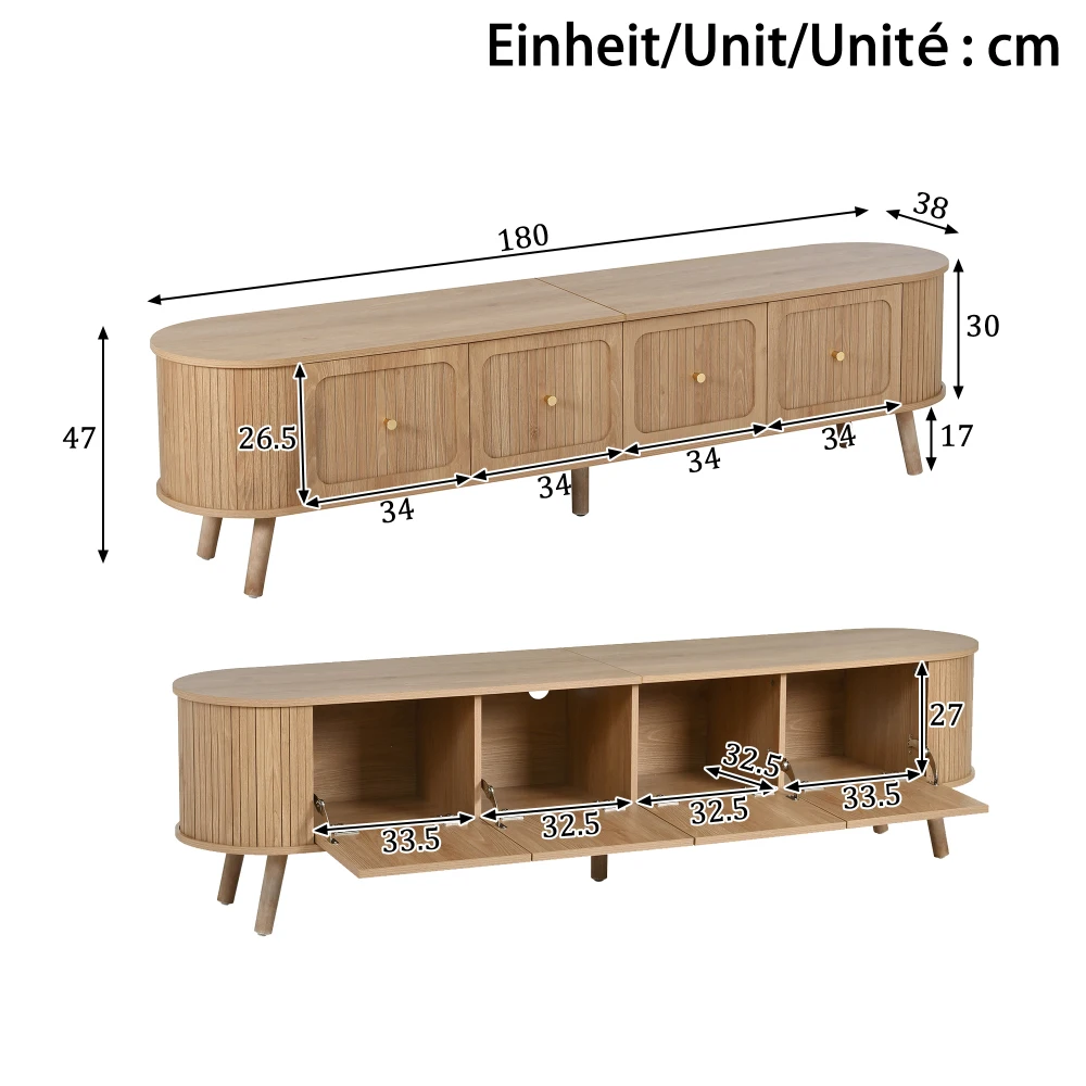 Walnut Wood TV Stand with 4 Cabinet Doors Golden Handles Wooden Legs and TV Panel Unique Design