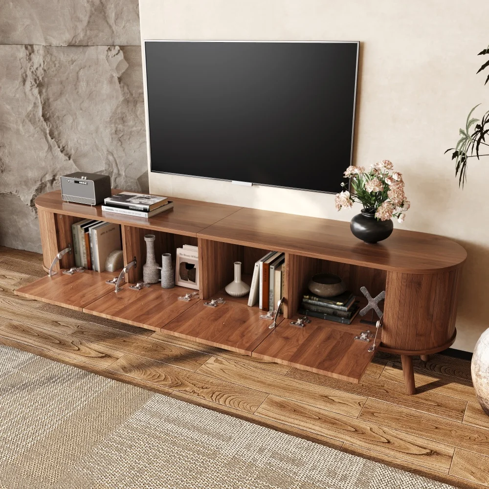 Walnut Wood TV Stand with 4 Cabinet Doors Golden Handles Wooden Legs and TV Panel Unique Design