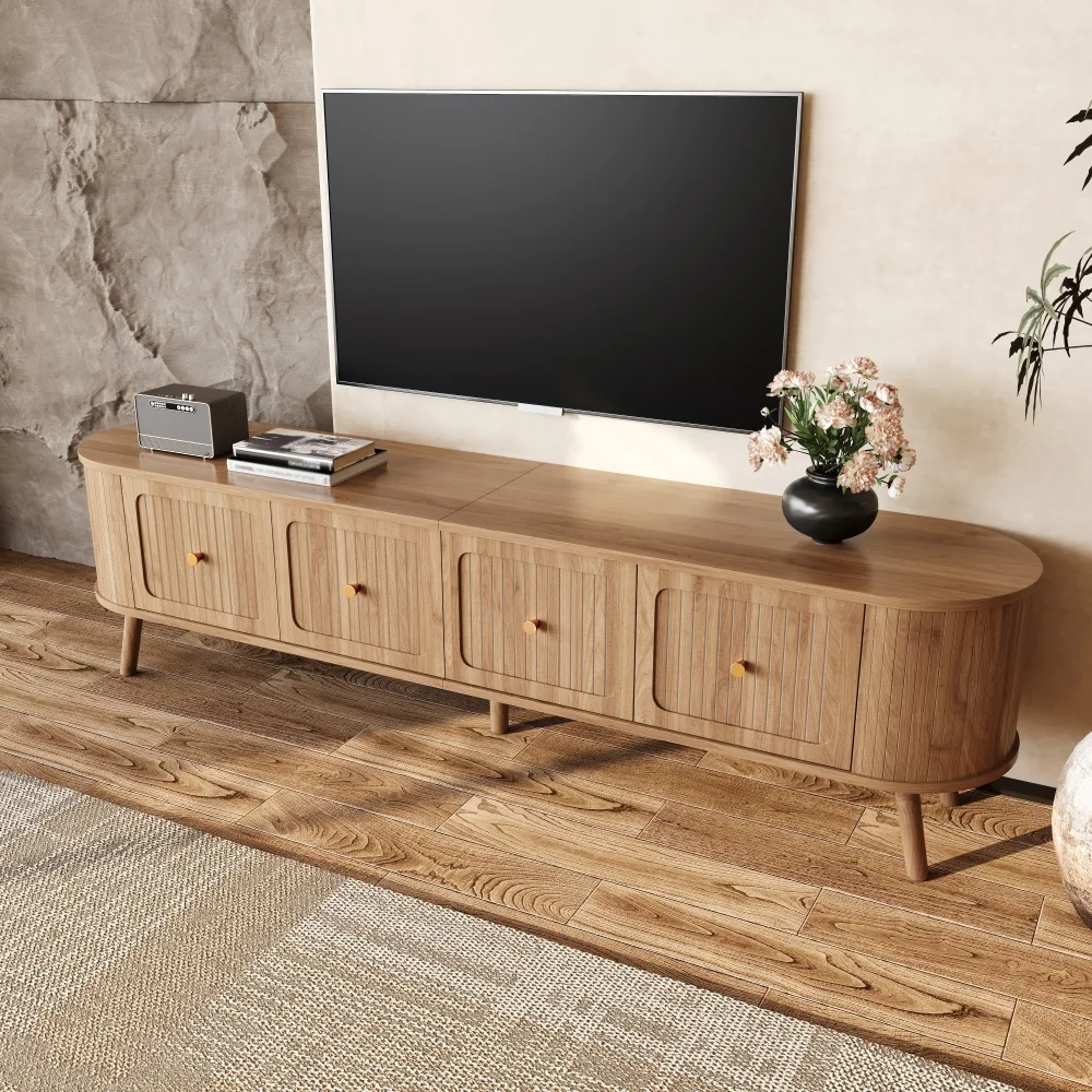 Walnut Wood TV Stand with 4 Cabinet Doors Golden Handles Wooden Legs and TV Panel Unique Design
