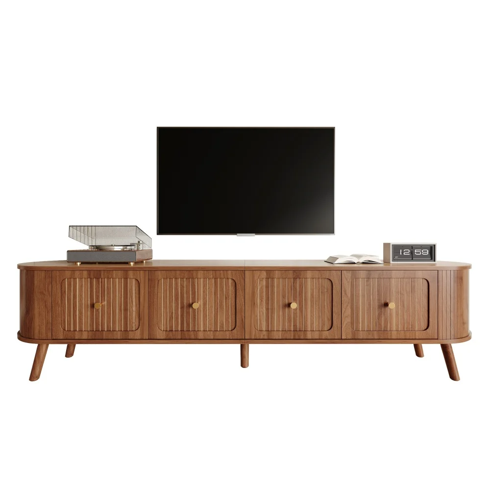Walnut Wood TV Stand with 4 Cabinet Doors Golden Handles Wooden Legs and TV Panel Unique Design