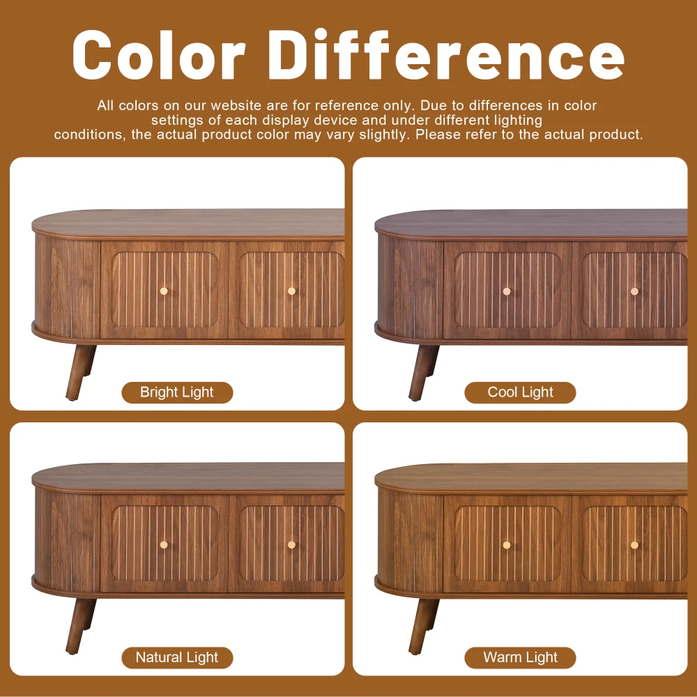 Walnut Wood TV Stand with 4 Cabinet Doors Golden Handles Wooden Legs and TV Panel Unique Design