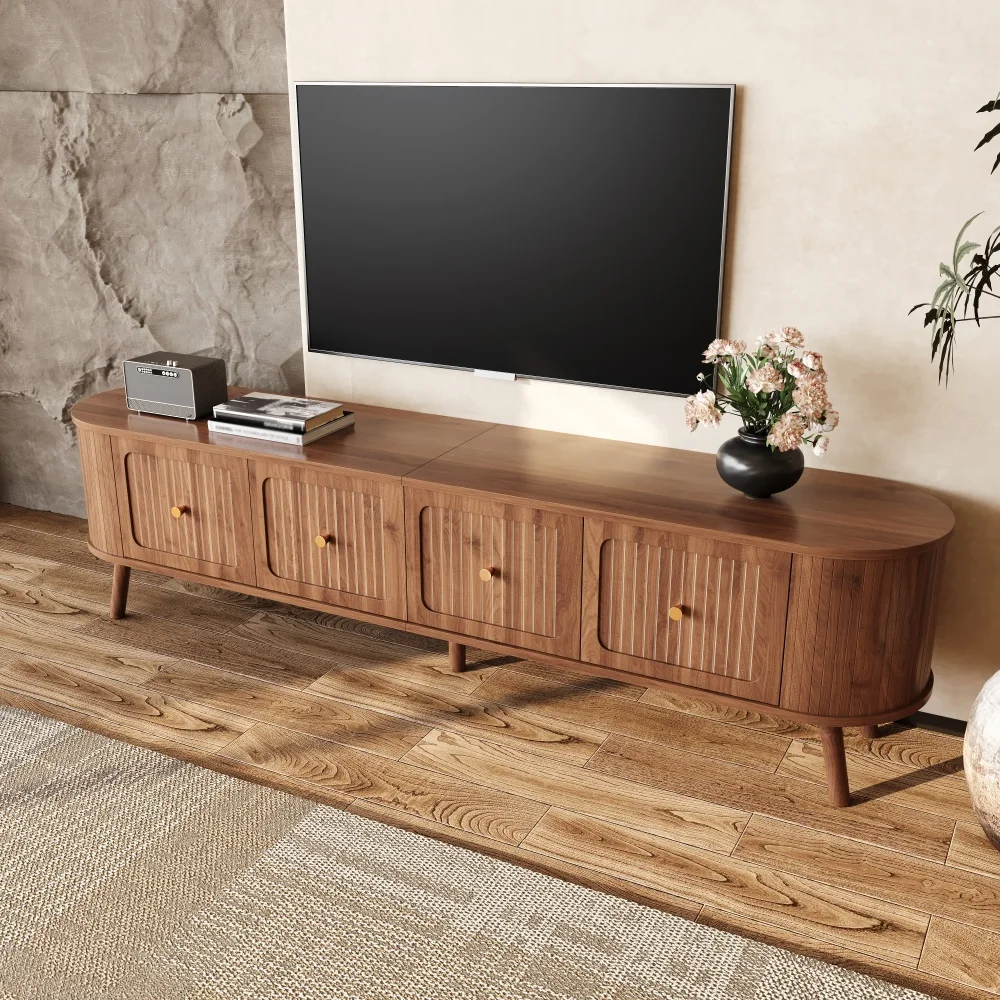 Walnut Wood TV Stand with 4 Cabinet Doors Golden Handles Wooden Legs and TV Panel Unique Design
