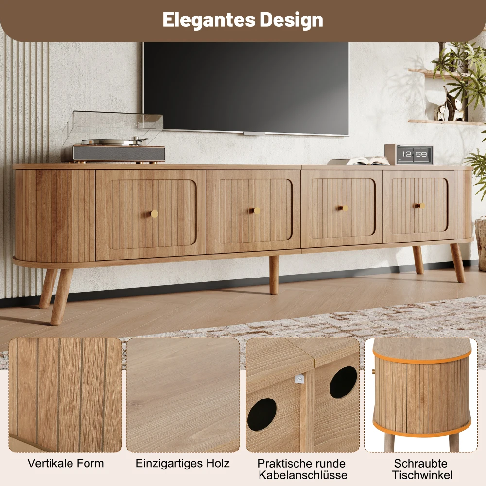 Walnut Wood TV Stand with 4 Cabinet Doors Golden Handles Wooden Legs and TV Panel Unique Design
