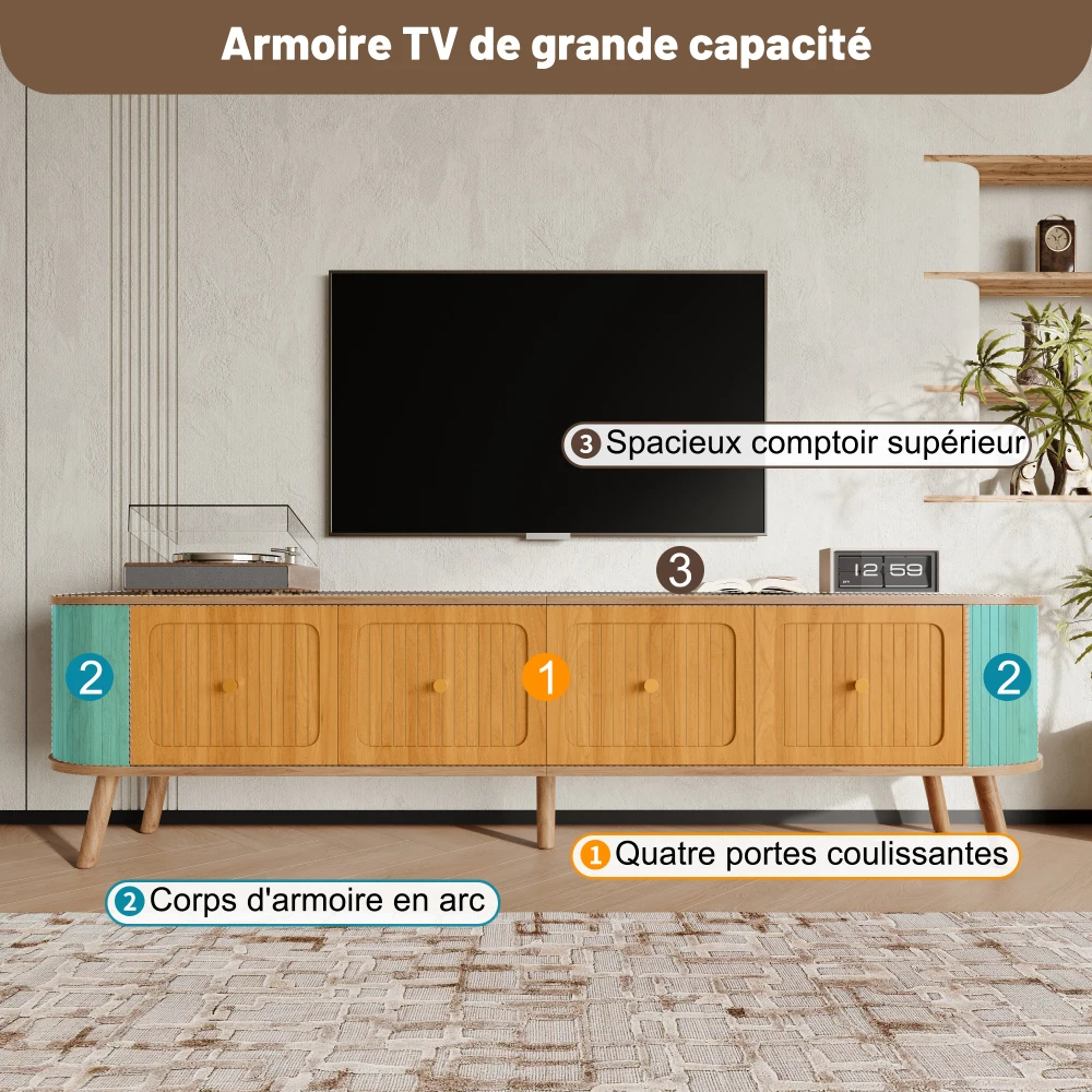 Walnut Wood TV Stand with 4 Cabinet Doors Golden Handles Wooden Legs and TV Panel Unique Design