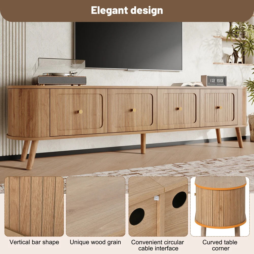 Walnut Wood TV Stand with 4 Cabinet Doors Golden Handles Wooden Legs and TV Panel Unique Design