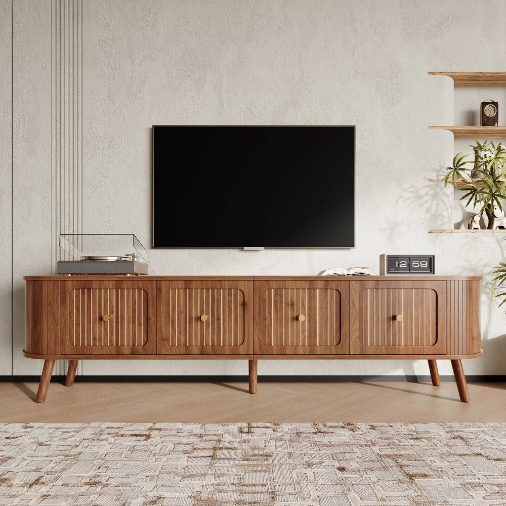 Walnut Wood TV Stand with 4 Cabinet Doors Golden Handles Wooden Legs and TV Panel Unique Design