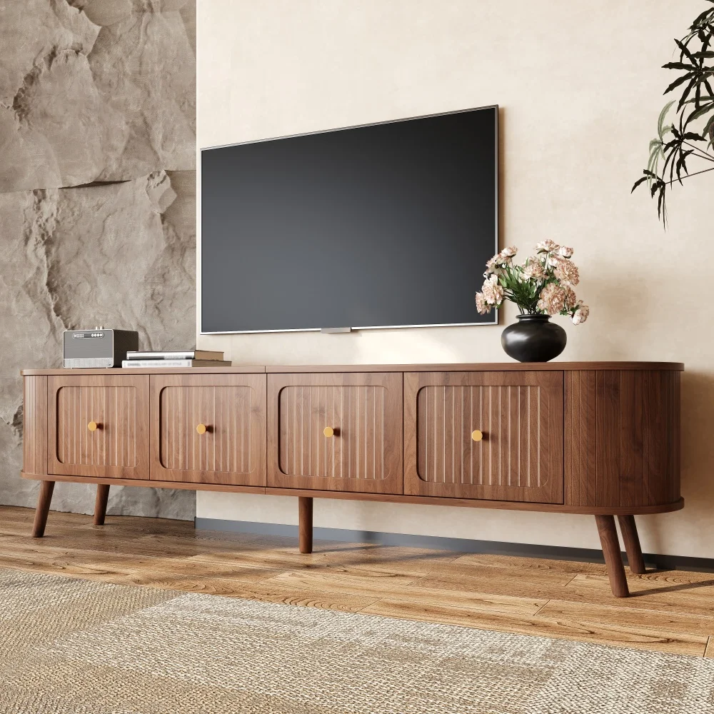Walnut Wood TV Stand with 4 Cabinet Doors Golden Handles Wooden Legs and TV Panel Unique Design