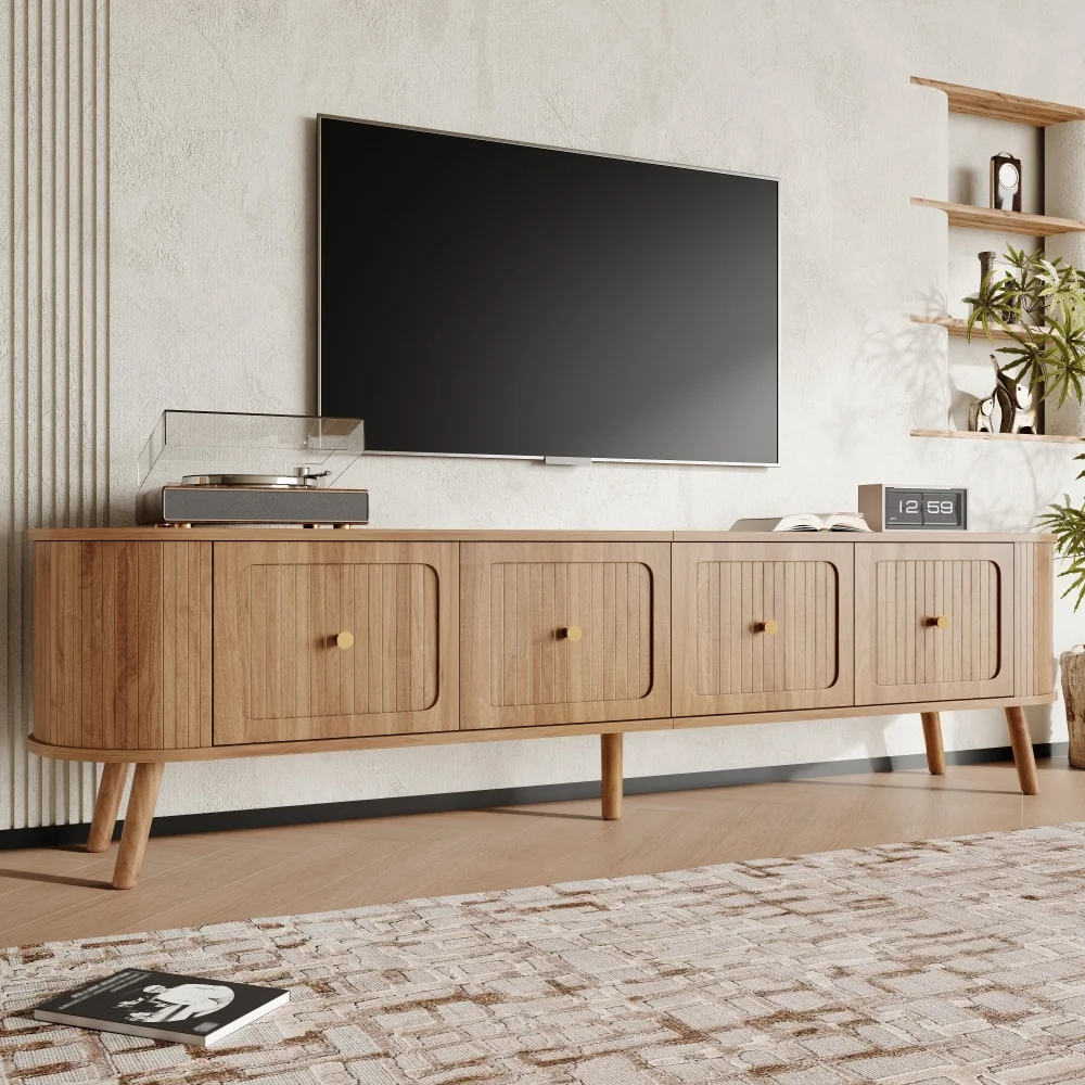 Walnut Wood TV Stand with 4 Cabinet Doors Golden Handles Wooden Legs and TV Panel Unique Design