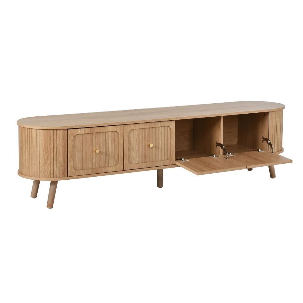 Walnut Wood TV Stand with 4 Cabinet Doors Golden Handles Wooden Legs and TV Panel Unique Design