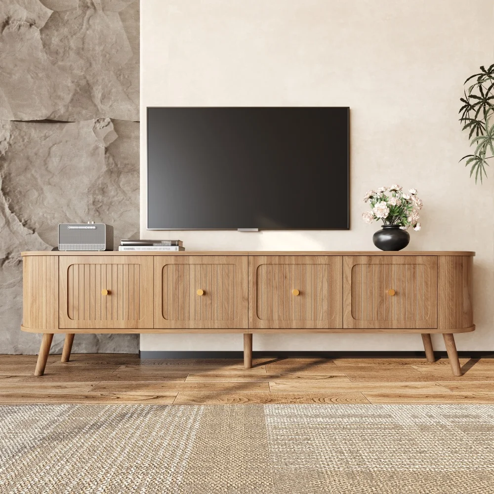 Walnut Wood TV Stand with 4 Cabinet Doors Golden Handles Wooden Legs and TV Panel Unique Design