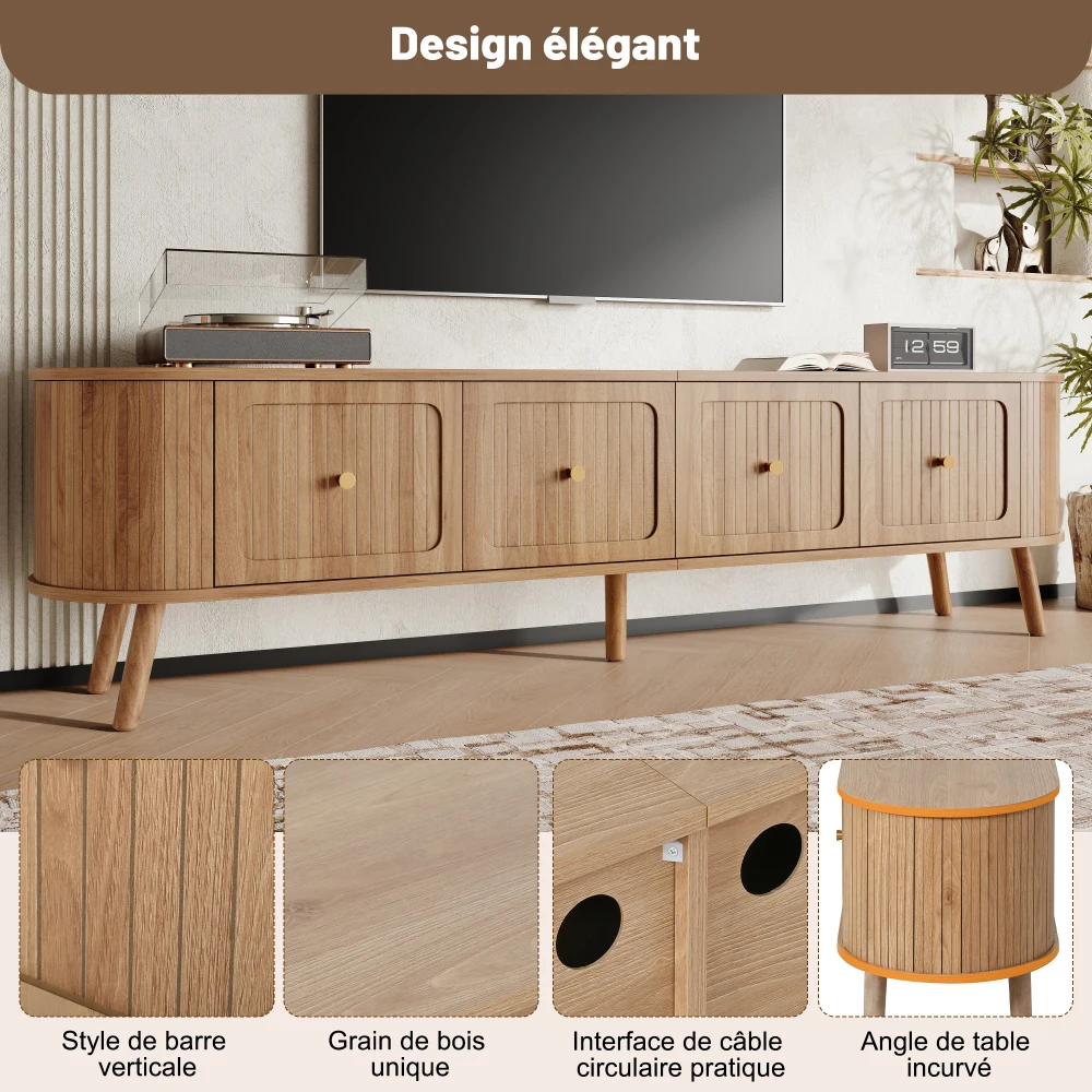 Walnut Wood TV Stand with 4 Cabinet Doors Golden Handles Wooden Legs and TV Panel Unique Design