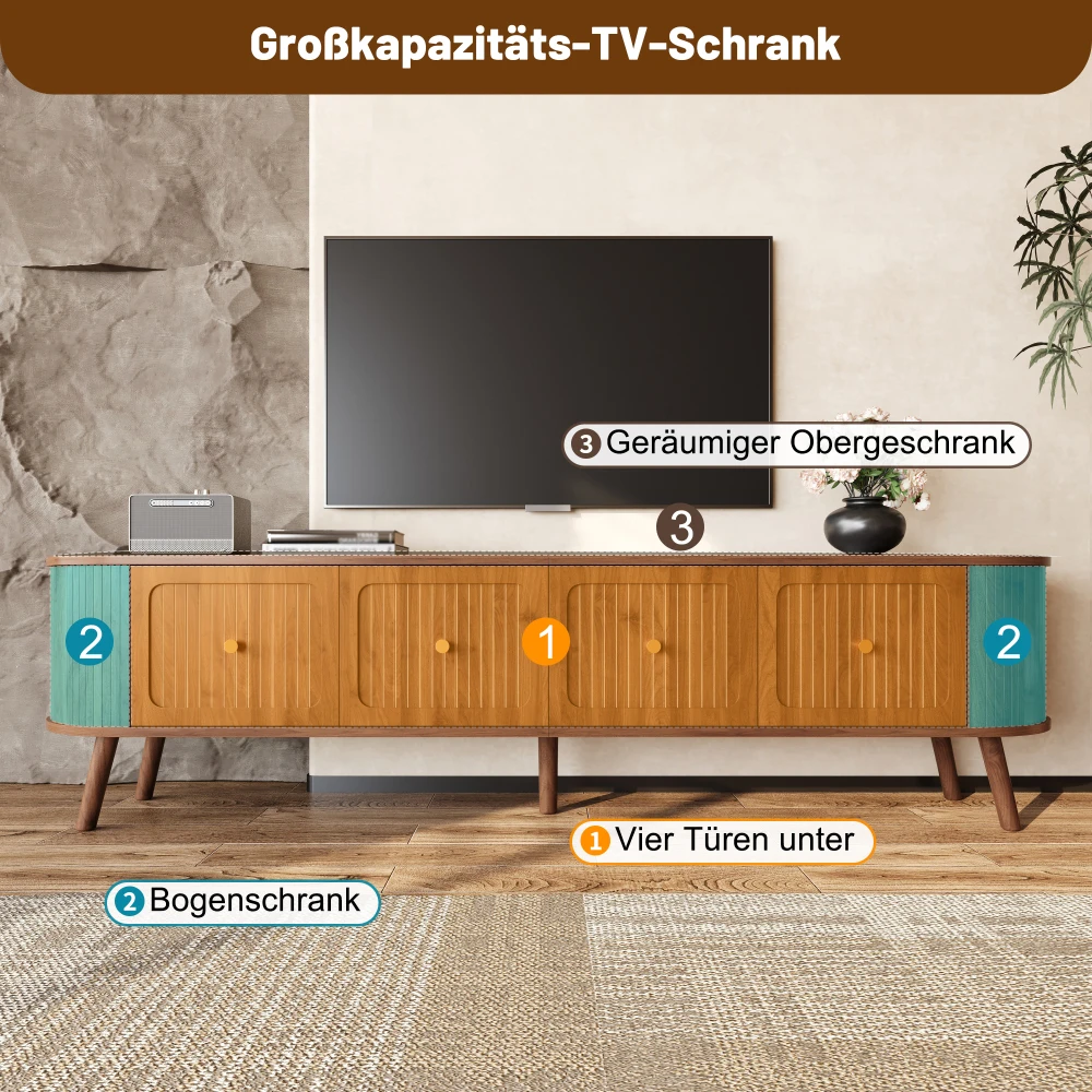 Walnut Wood TV Stand with 4 Cabinet Doors Golden Handles Wooden Legs and TV Panel Unique Design