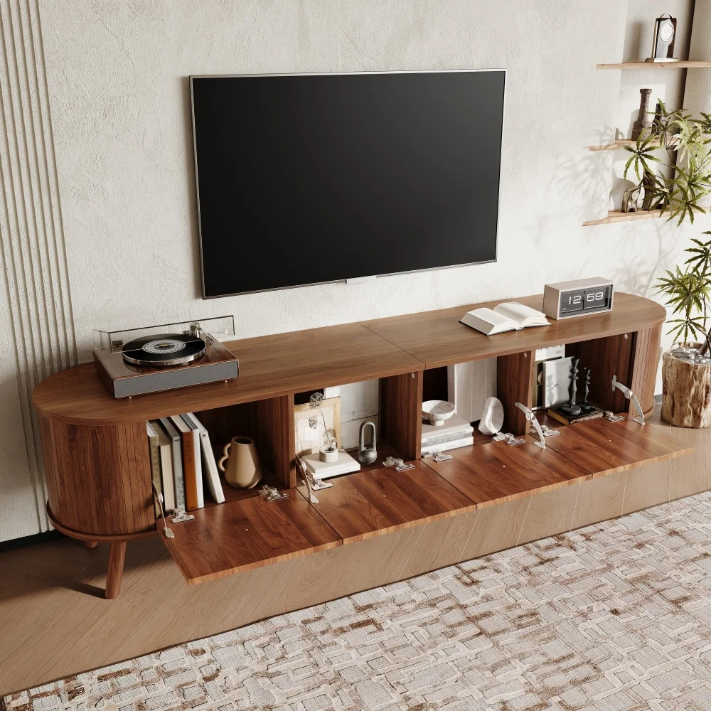 Walnut Wood TV Stand with 4 Cabinet Doors Golden Handles Wooden Legs and TV Panel Unique Design