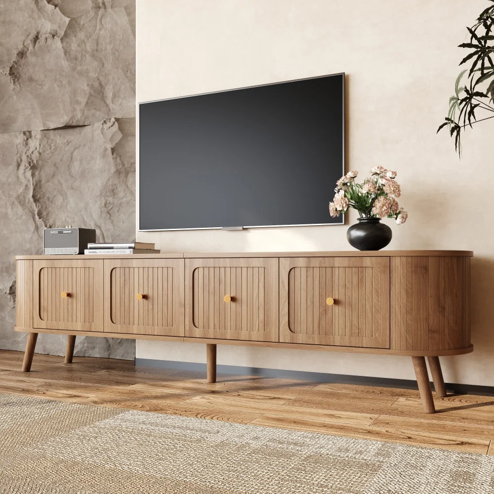 Walnut Wood TV Stand with 4 Cabinet Doors Golden Handles Wooden Legs and TV Panel Unique Design