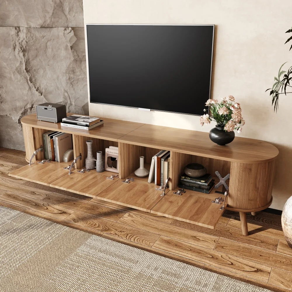 Walnut Wood TV Stand with 4 Cabinet Doors Golden Handles Wooden Legs and TV Panel Unique Design