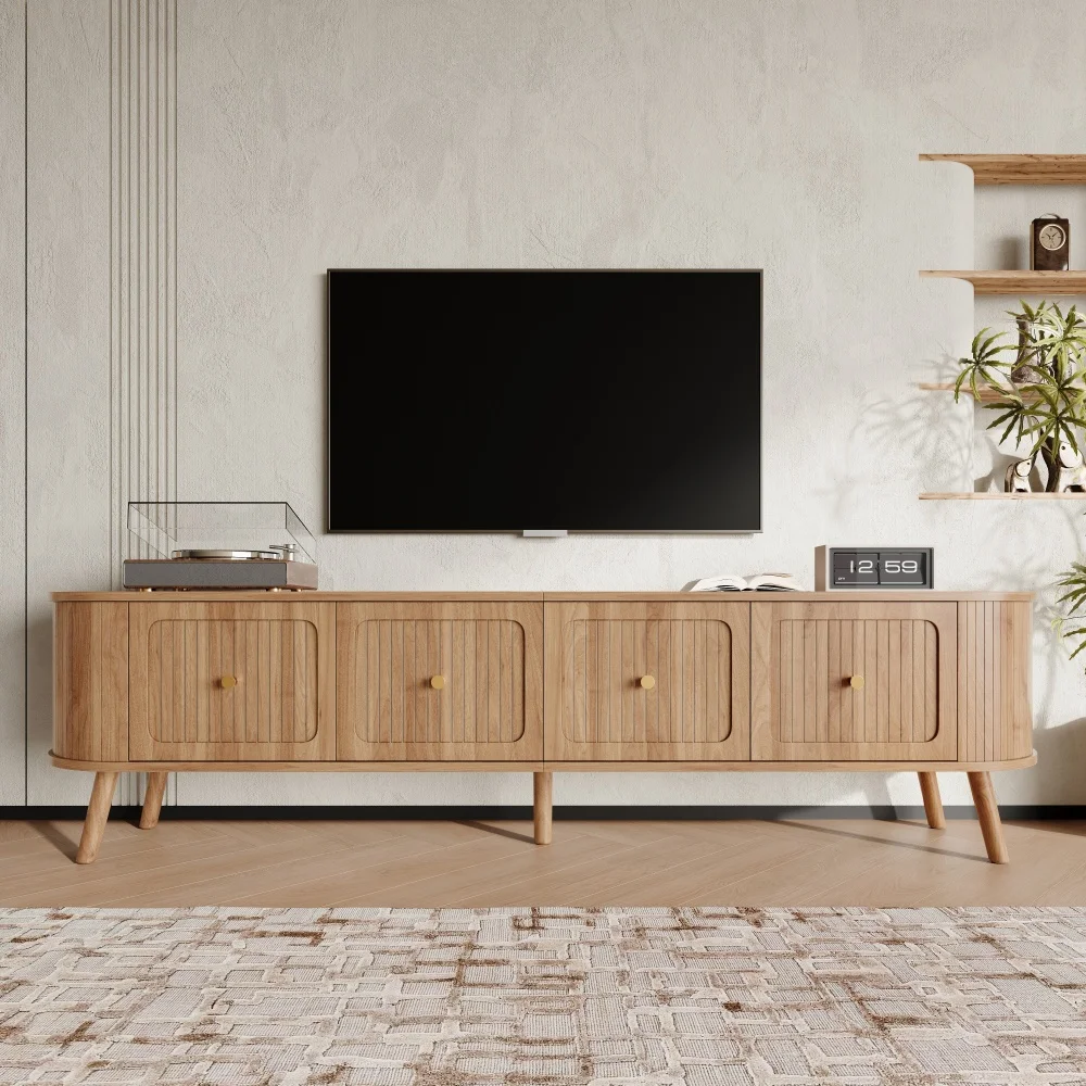 Walnut Wood TV Stand with 4 Cabinet Doors Golden Handles Wooden Legs and TV Panel Unique Design