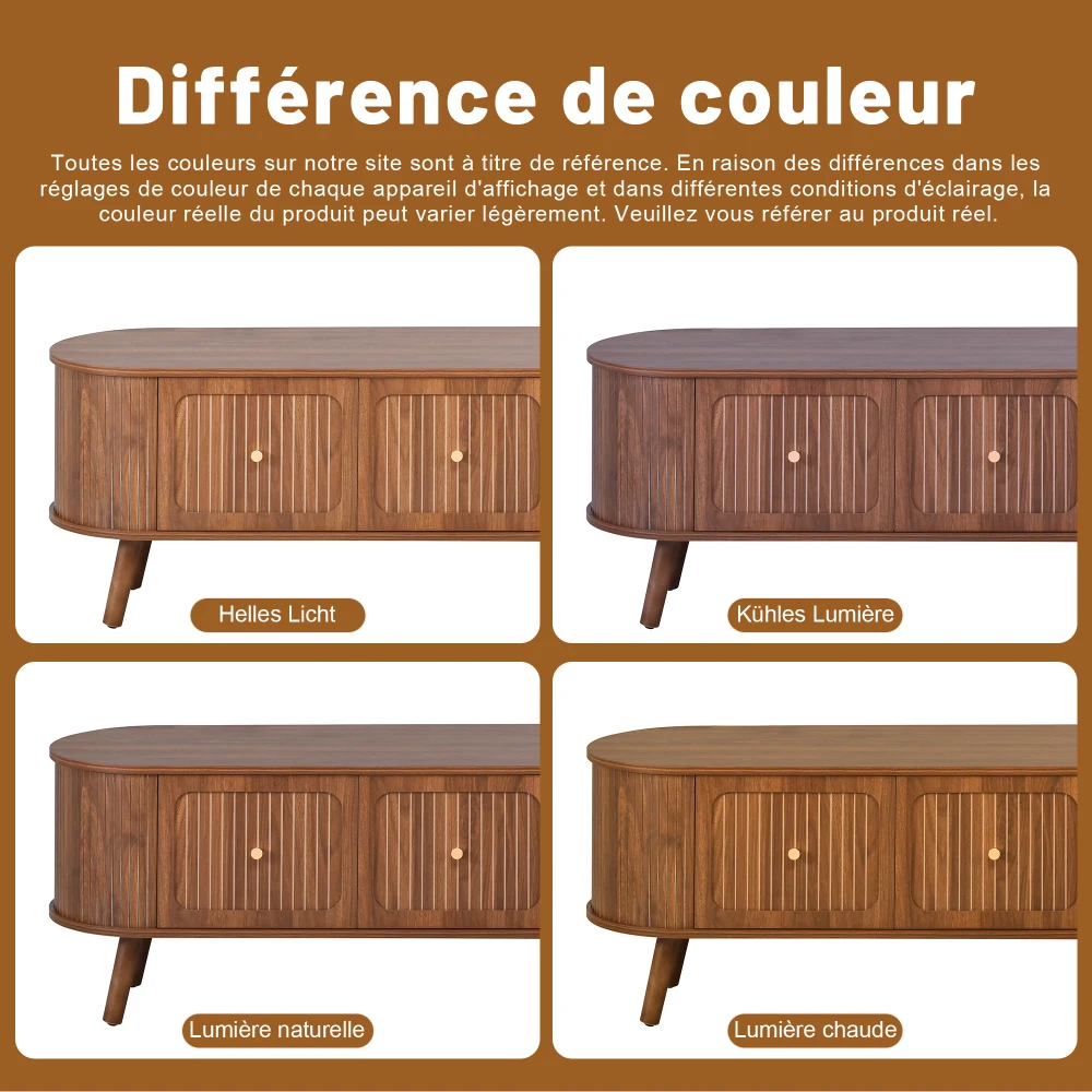 Walnut Wood TV Stand with 4 Cabinet Doors Golden Handles Wooden Legs and TV Panel Unique Design
