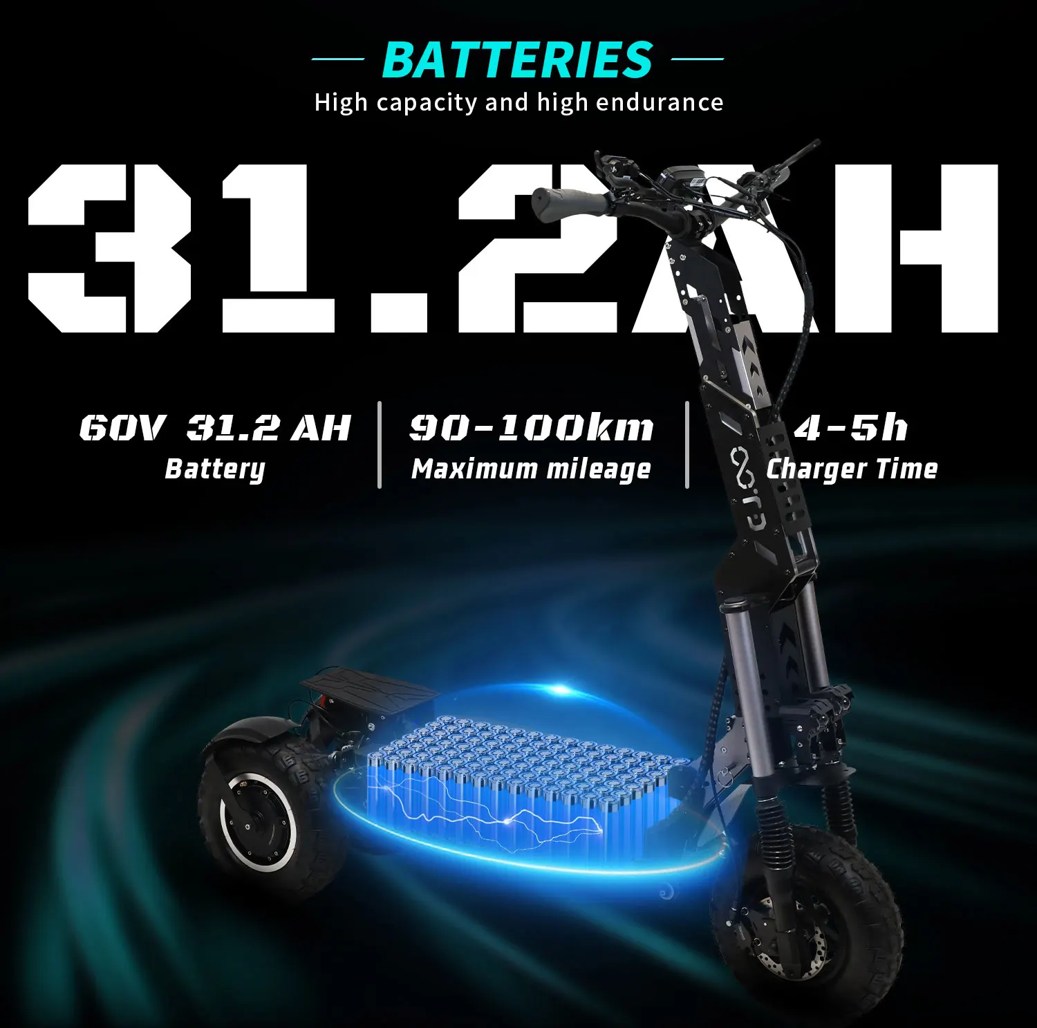 OOTD T30 3200W Dual Motor Electric Scooter, 13" Fat Tires for All Terrain, 60V31.2Ah Battery with NFC Unlock