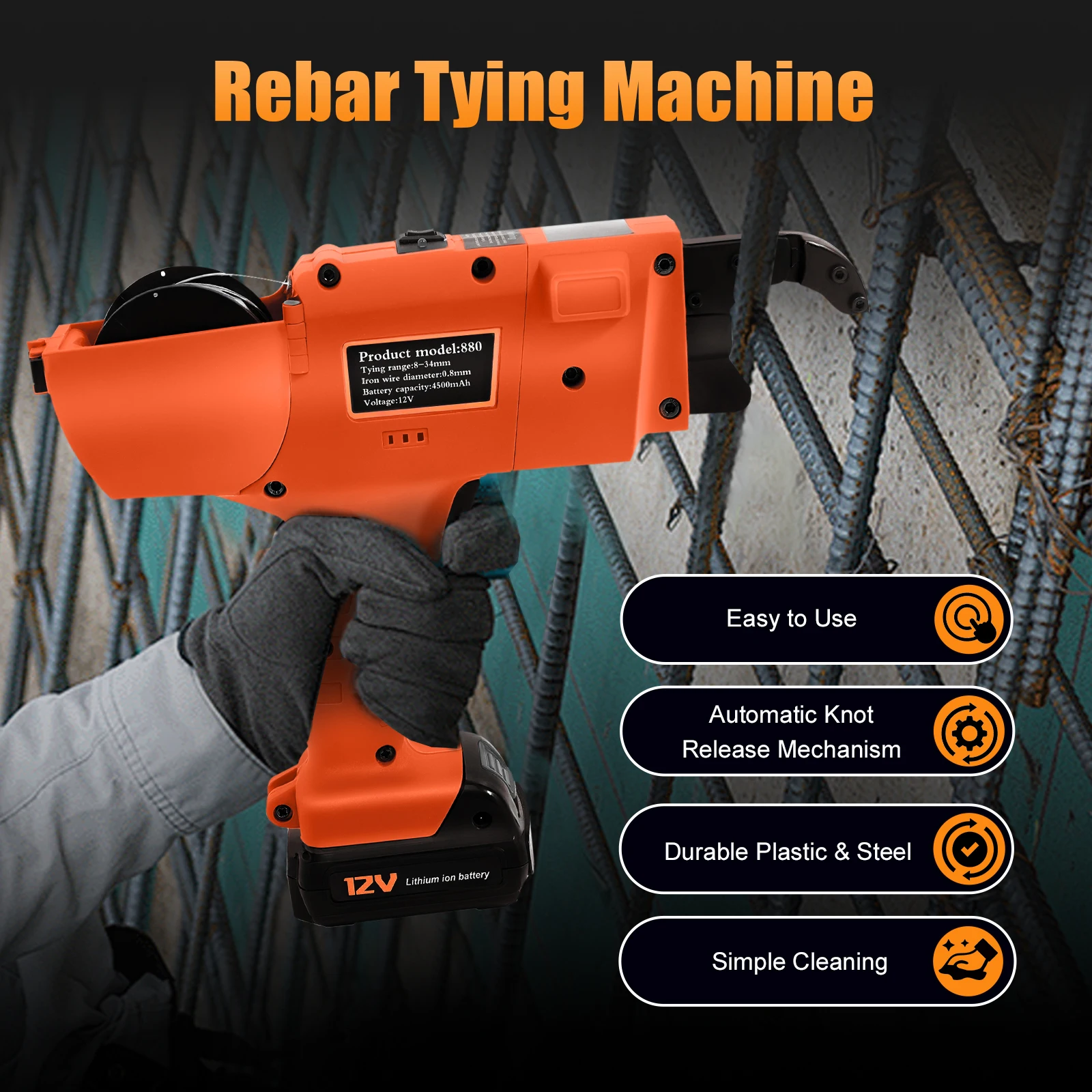 12V Rebar Tying Wire Rebar Binding Machine 8-34MM Rebar Tier Cordless Tying Binding Machine for Bundling Steel Bars