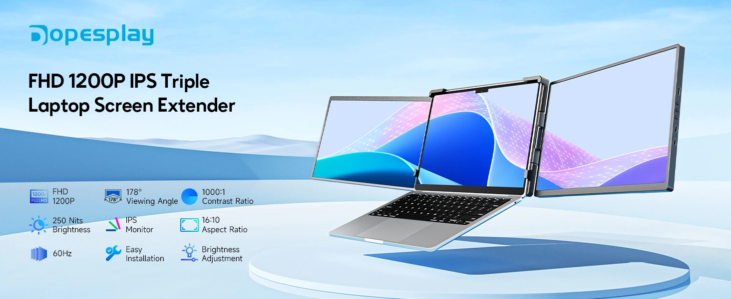 Dopesplay 14.1 inch Dual Screen Extender FHD 1200P IPS Portable Monitor Plug & Play Second Display For Laptop Mac Travel Work