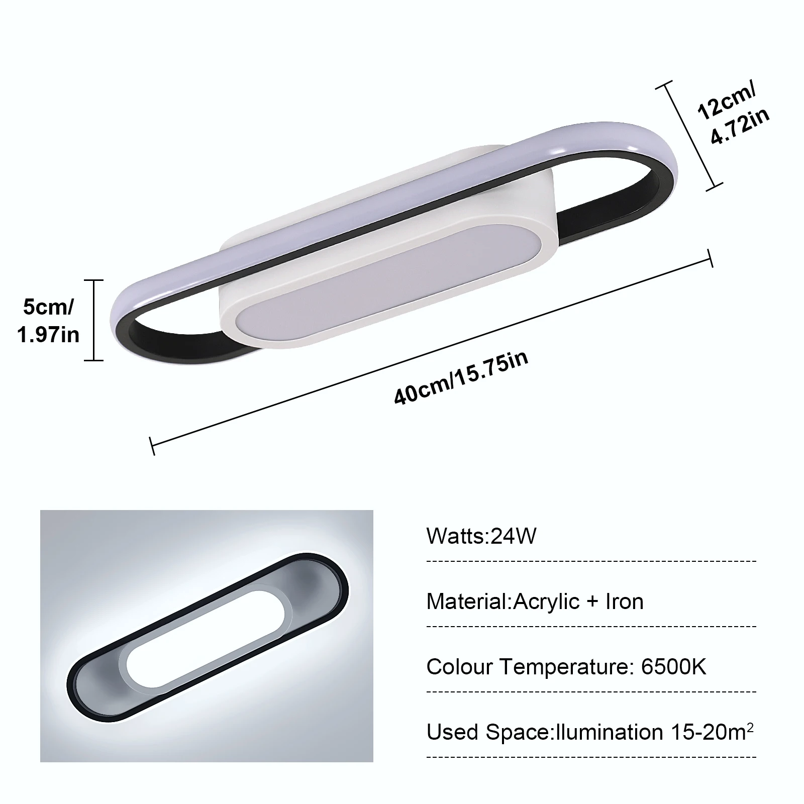 30W Long Oval LED Ceiling Light, White LED Ceiling Light, Acrylic Ceiling Light, Suitable for Bedrooms, Kitchens, Hallways
