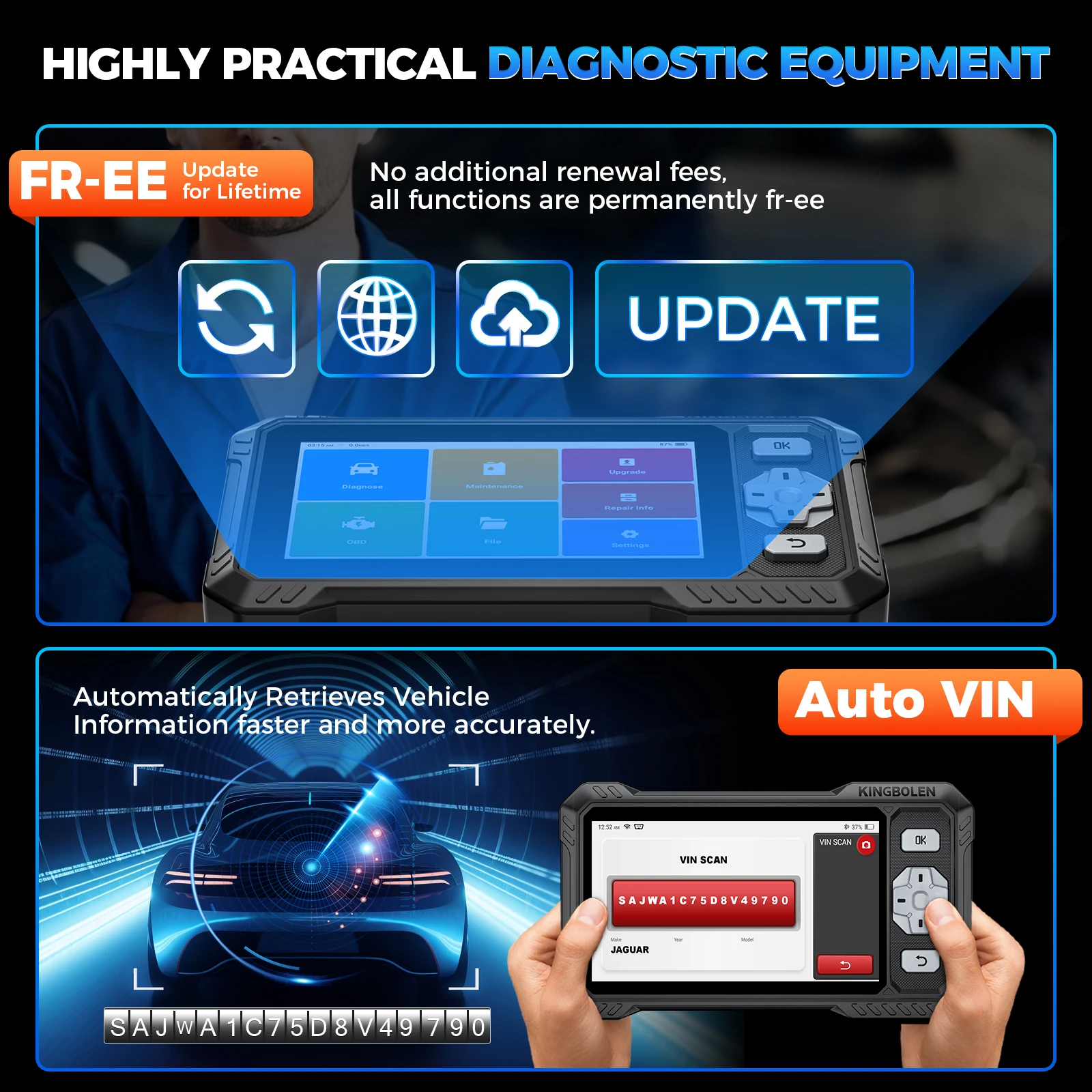 2026 New KINGBOLEN S608 Lifetime Free Update Car Diagnostic Tools 4 System ECM TCM ABS SRS CAN FD Active Test 9 Resets Auto OBD