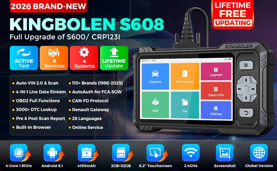 2026 New KINGBOLEN S608 Lifetime Free Update Car Diagnostic Tools 4 System ECM TCM ABS SRS CAN FD Active Test 9 Resets Auto OBD
