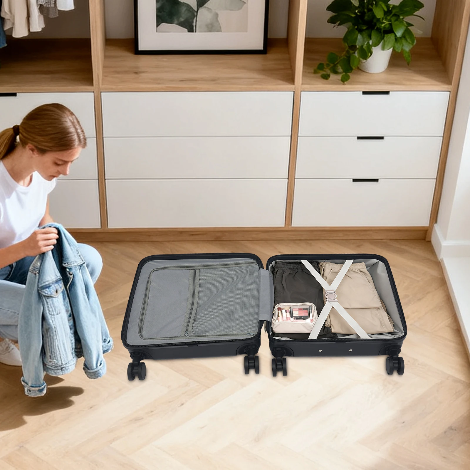 Black ABS 18 Inch Front Opening Multifunctional Luggage Compartment For Boarding Suitcase with Front Compartment Travel Luggage