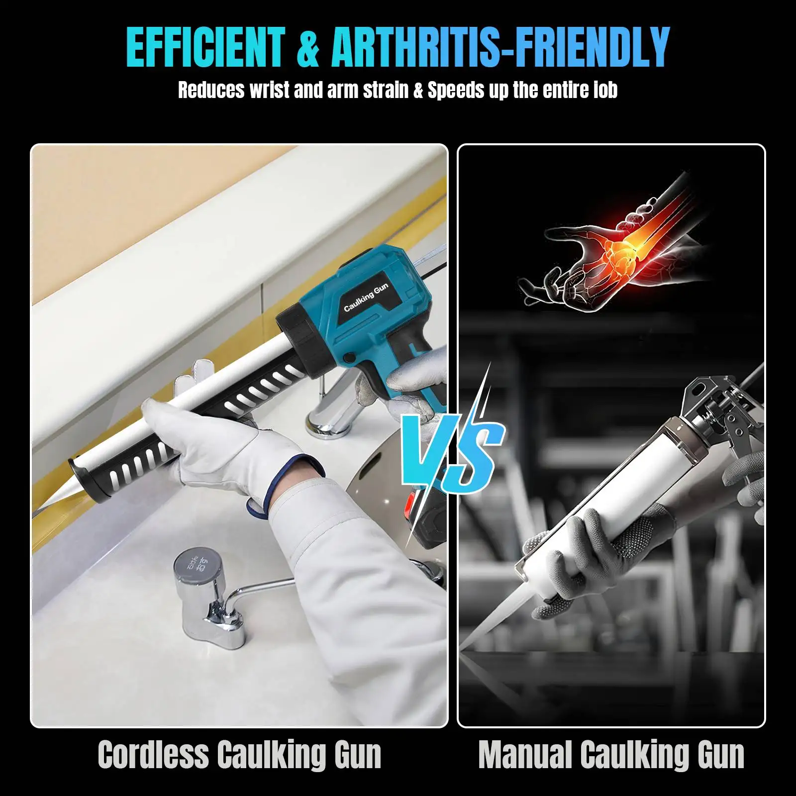 Cordless Electric Glue Gun with 2 Batteries, 4-Speed Adjustable Silicone Caulking Gun for Doors, Windows,Tile, Bathroom Sealant
