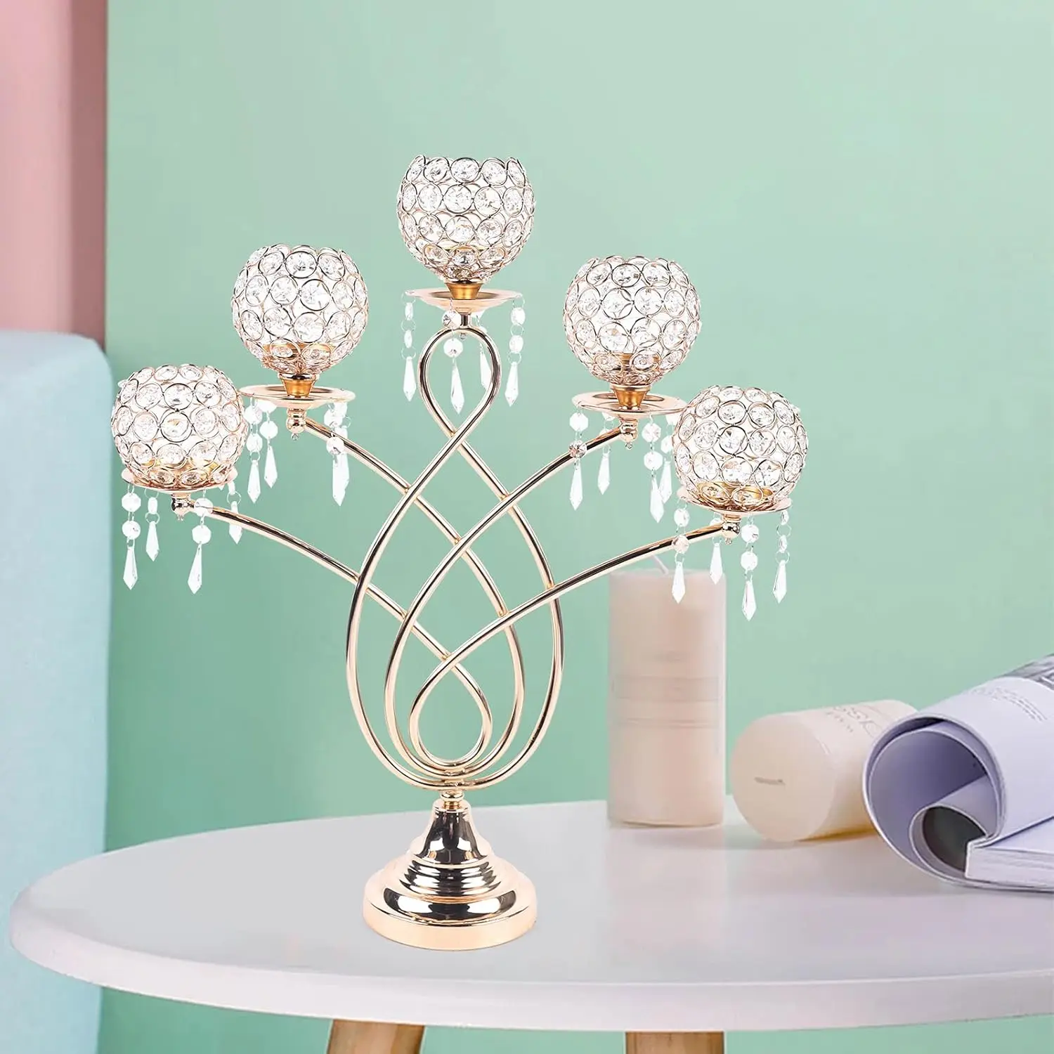 Crystal Decorative Candelabra Centerpiece 5-Arm Candlesticks Holder for Table Dining Table Home Decor Wedding Party Anniversary