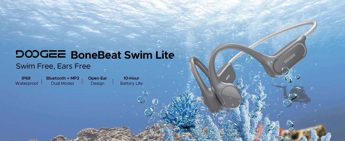 DOOGEE BoneBeat Swim Lite Bone Conduction Sports Headphones Wireless Bluetooth 5.4 Headset IP68 Waterproof for Running, Cycling